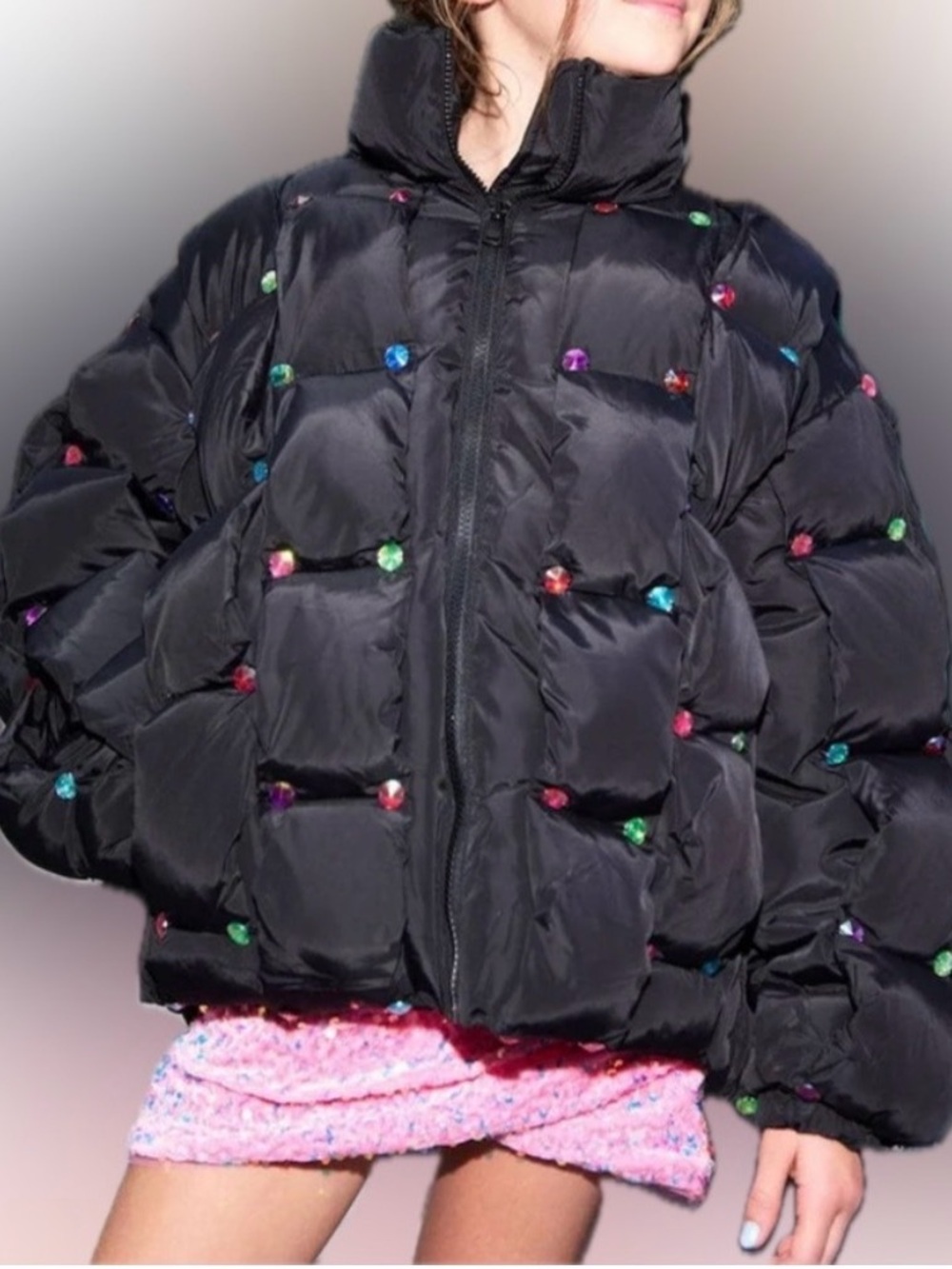 Lola + The Boys Black Quilted Puffer Jacket with Multicolor Jewel Studs